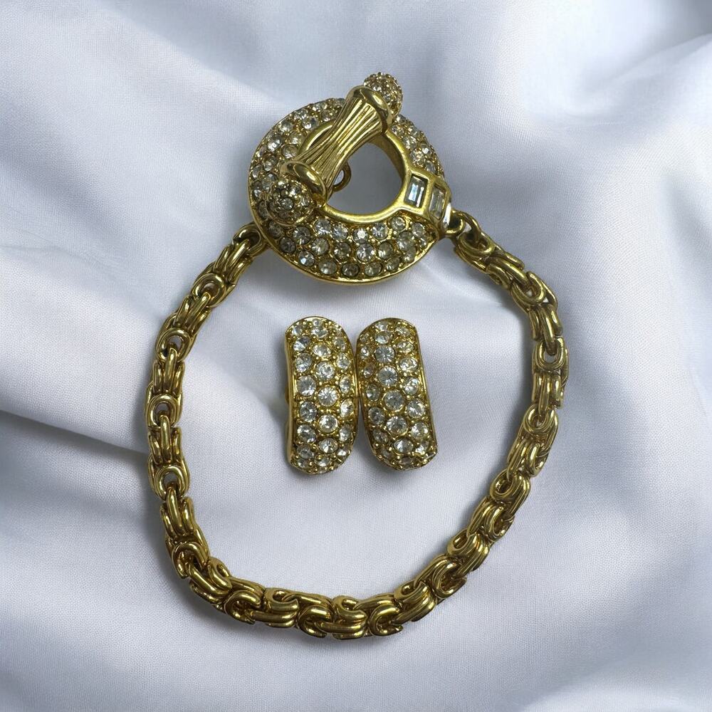 VTG Swarovski Swan Signed Gold Plated Crystal Toggle Clasp Bracelet & Earrings